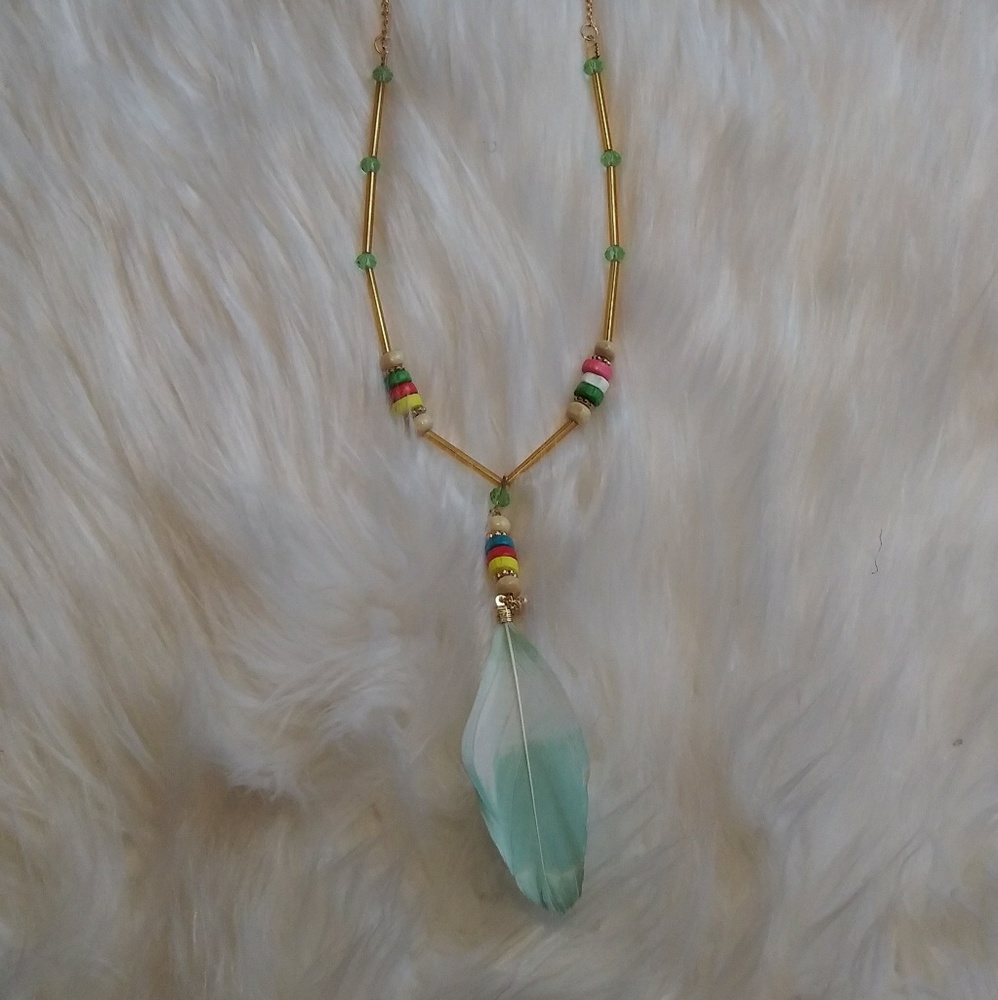 Gold Feather Beaded Necklace/ New